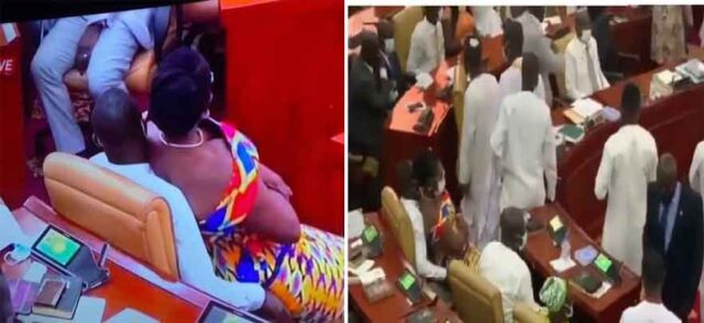 Ghanian female lawmaker sits on her male colleague’s laps as they fight over seats