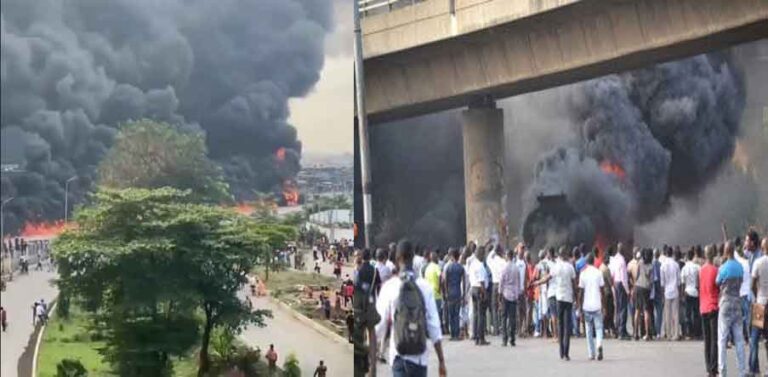 Just in: Explosion as fuel tanker summersaults at Toyota Bus stop, along Oshodi Apapa Expressway (Video)