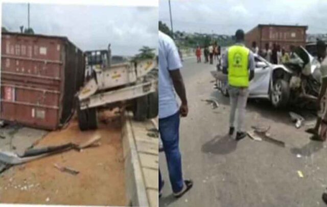 One d*ad as 40-feet container crushes two cars on Otedola Bridge