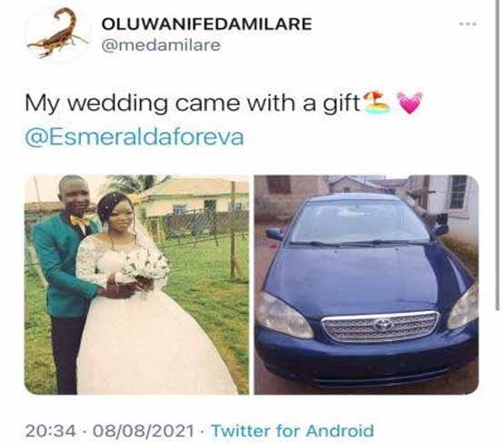 Nigerian woman gifts her husband a car on their wedding day