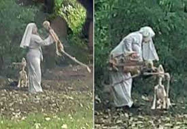 Woman dressed as nun spotted dancing with skeletons in a graveyard
