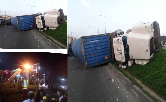 All four occupants rescued as container falls on their car in Lagos.