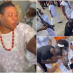 Actress Nkechi Sunday Blessing passes out at her mother's funeral ceremony holding today October 16