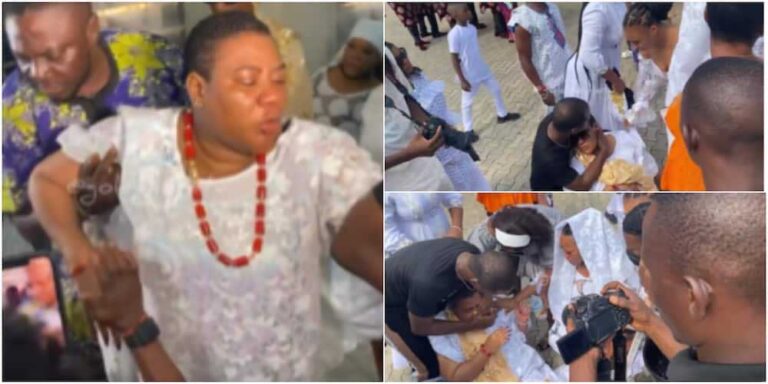 Actress Nkechi Sunday Blessing passes out at her mother's funeral ceremony holding today October 16