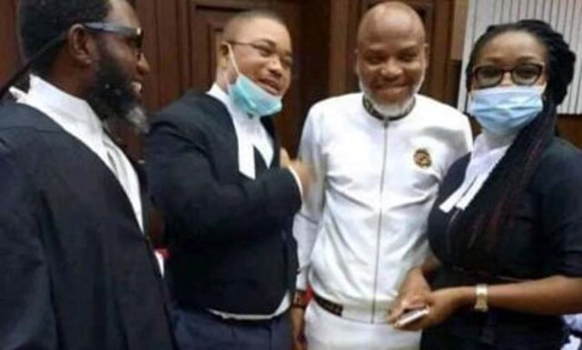 Biafra: Nnamdi Kanu’s Legal Team Protests as they Visit Him In DSS Custody