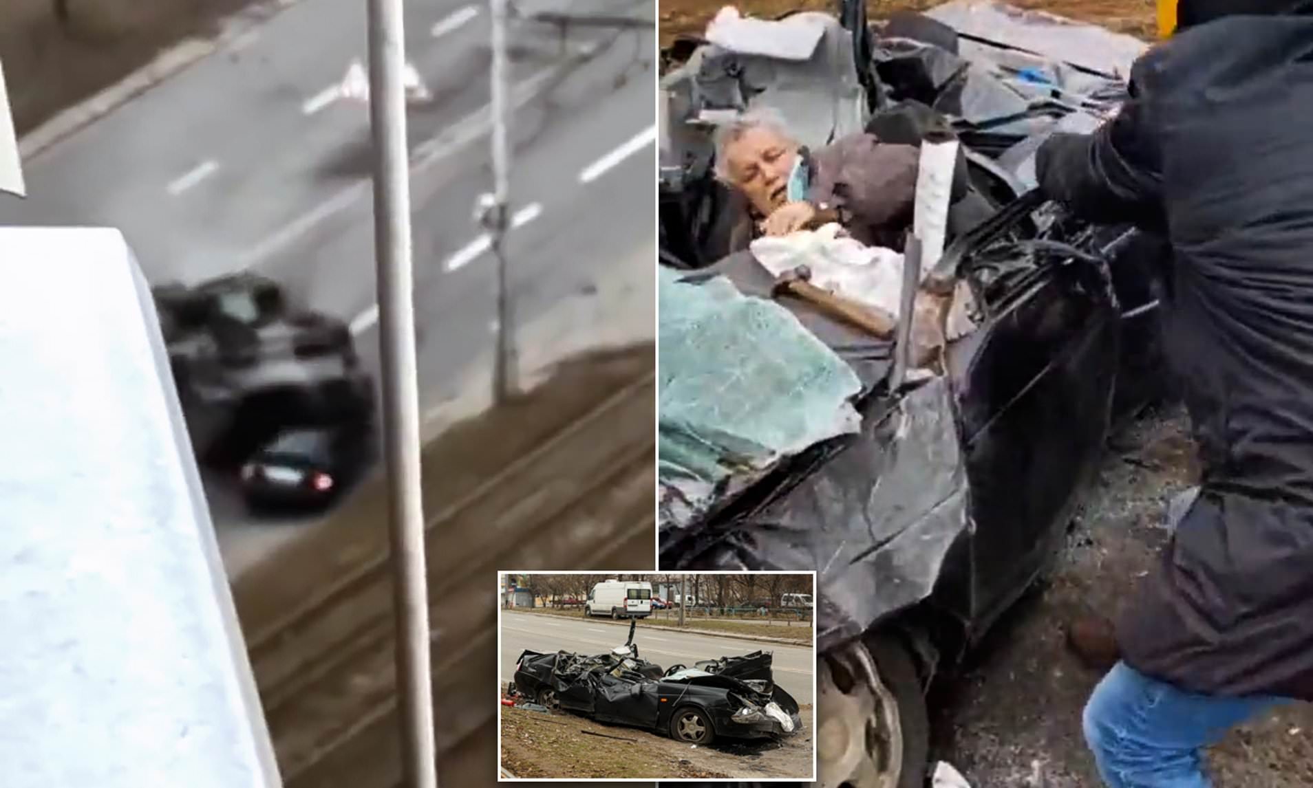 Elderly man survives after Russian tank crashed into his car in Kyiv, Ukraine (Video)