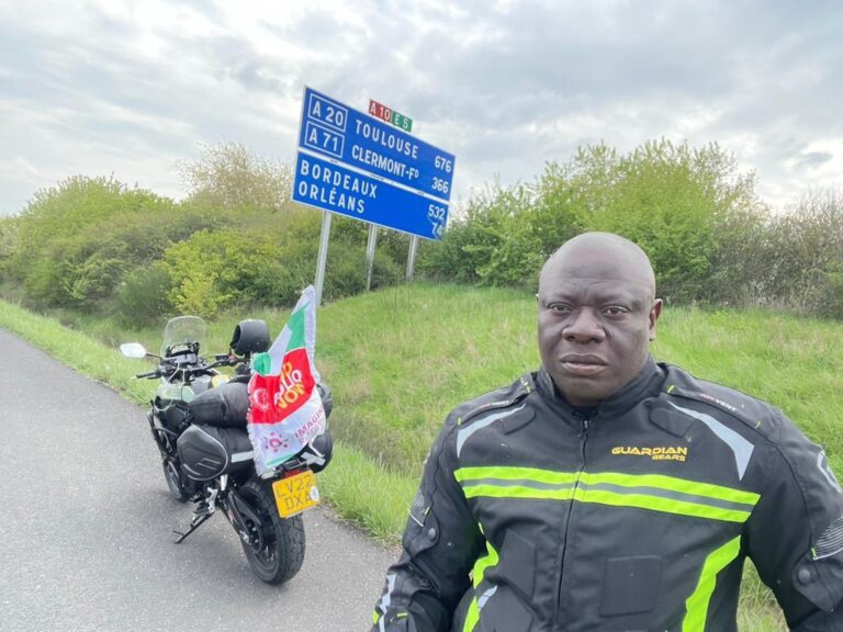 Nigerian tourist is biking from London to Lagos to raise money for charity.