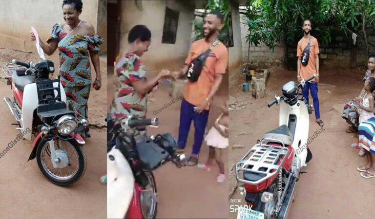 Nigerian Man Surprises his Mother, Gifts her a brand new motorcycle also known as 'Okada'.