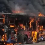 [PHOTOS] Gridlock As Dr!ver Dies In Lagos Crash As BRT Bus Goes Up In Flames