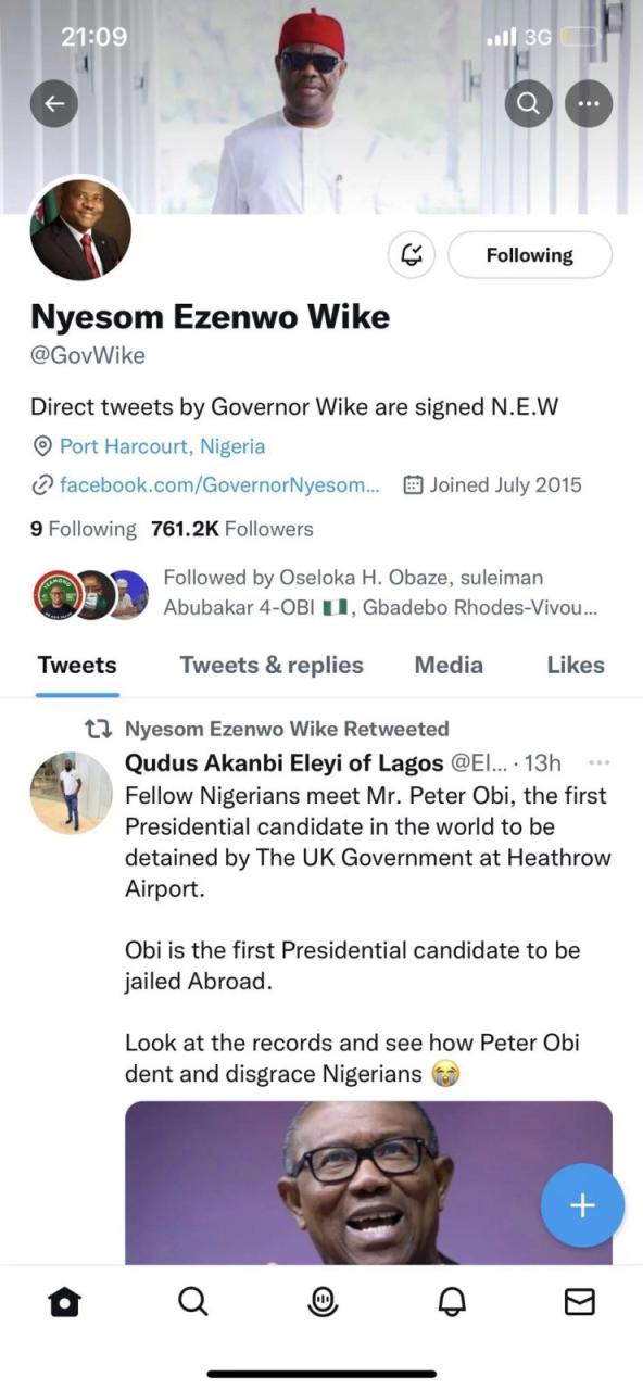 , Reactions as Governor Wike retweets post mocking Peter Obi