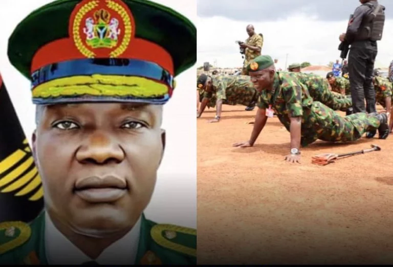 COAS, Maj. Gen. Taoreed Lagbaja, inspires his troops by doing multiple push-ups as he launches a new operation to tackl£ insecurity in Mangu, Plateau State