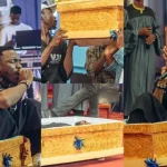 “Uproar as Nigerian Gospel singer arrives at church in a casket, performing rituals openly”