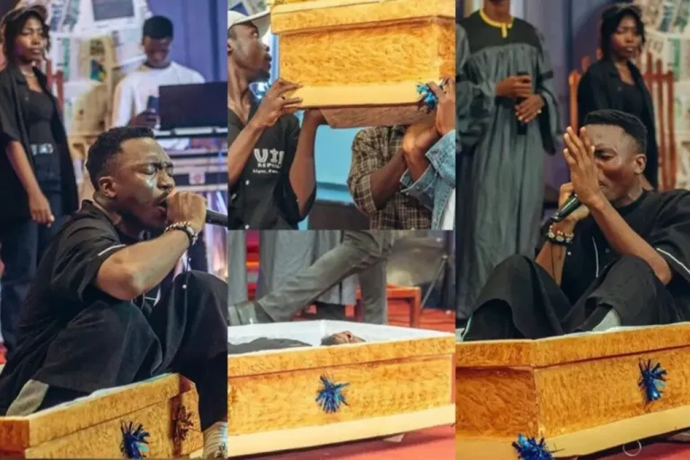 “Uproar as Nigerian Gospel singer arrives at church in a casket, performing rituals openly”