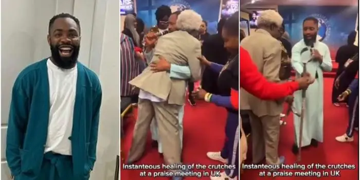 VIDEO: Nigerian comedian, Woli Arole healed man walking with crutches during church service in UK