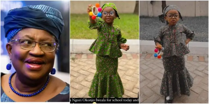 Ngozi Okonjo-Iweala reacts as 3-year-old girl dresses like her for school