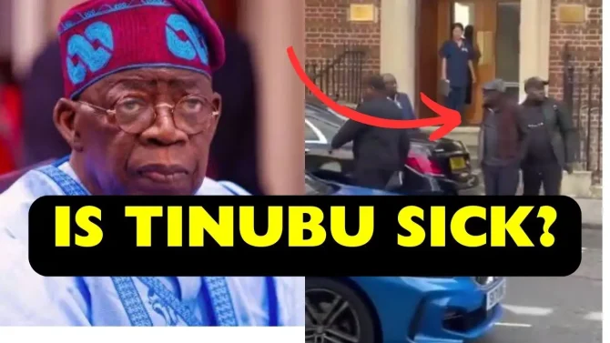 Pres. Tinubu spotted at St Mary's Hospital Paddington London with his men all dressed in black