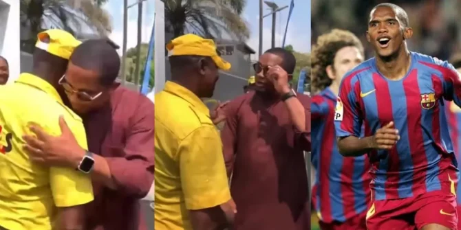 WATCH Emotional moment Samuel Eto’o reunites with former teammate working as security guard