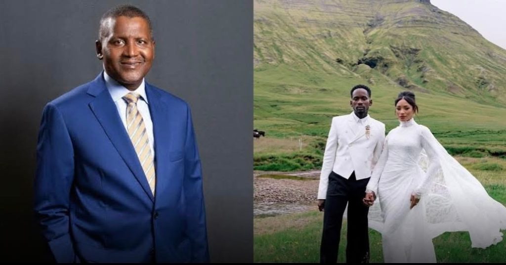 Keep Your Marriage Private, Don’t Involve Friends — Billionaire Aliko Dangote Tells Mr Eazi and Temi at their Wedding