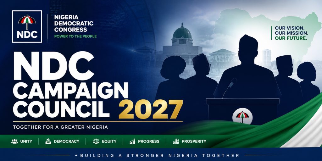 Nigeria Democratic Congress National Campaign Council announcement for 2027 elections featuring Peter Obi and Henry Dickson